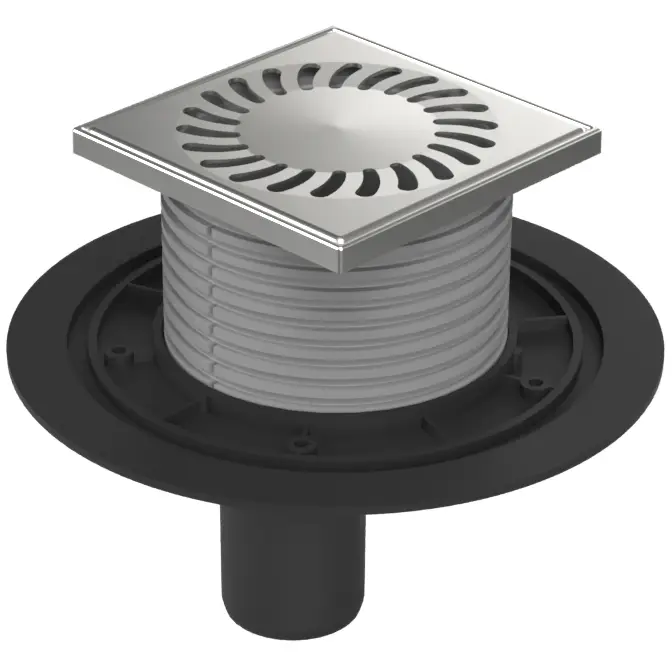 Душевой трап AZARIO DN50 12,2х12,2см, пластиковый, вертикальный слив, универсальный, решетка из нержавеющей стали (AZ-384 A)