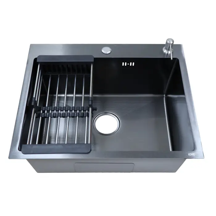 Кухонная мойка AZARIO NICOLE 500х500х220 нержавеющая сталь, в комплекте сифон, диспенсер, коландер, черная соты (AZB5050H)