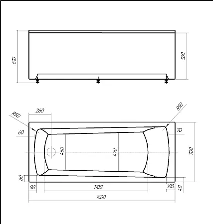 ENRICA Ванна акриловая прямоугольная 160х70 см СХЕМА