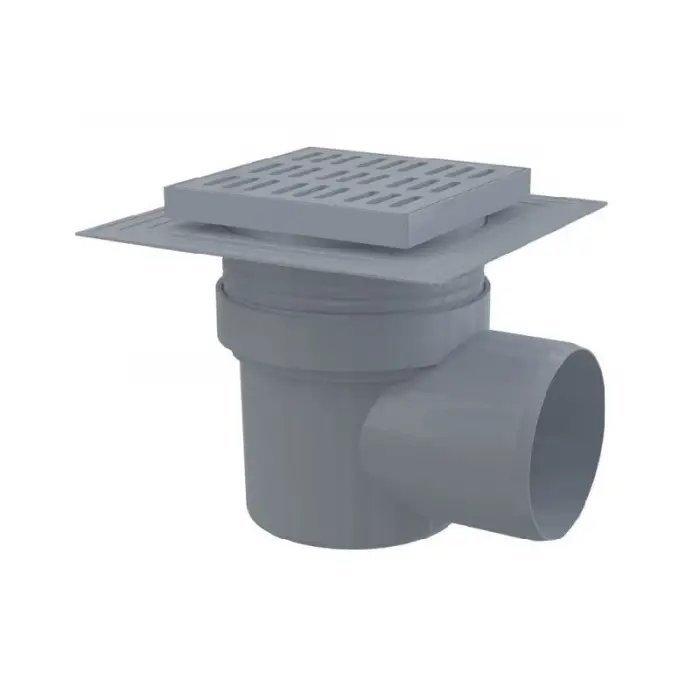 Душевой трап Alcadrain 150×150 боковой сток, воротник изоляции 2–го уровня, гидрозатвор мокрый (APV10)