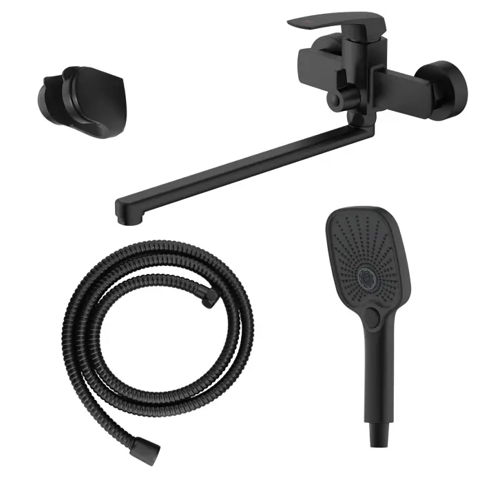 Смеситель для ванны Azario Conda керамический картридж, длинный излив, с ручным душем, шланг 150 см, черный матовый (AZ-K1711B)