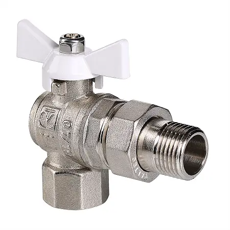 Кран шаровой Valtec BASE угловой с полусгоном 1/2" вн.-нар. белая рукоятка (VT.228.NW.04)