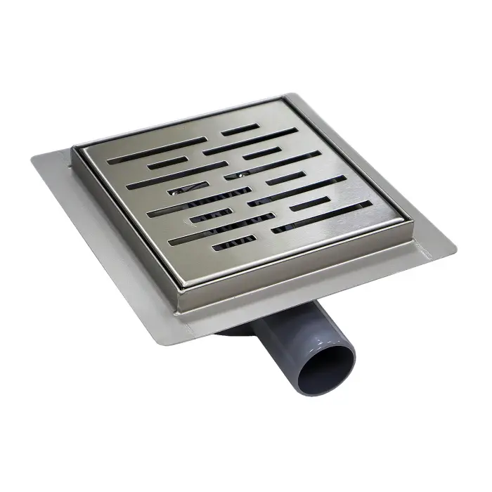 Трап для душа AZARIO 150х150 металлический, поворотный сифон 360°, перфорированная решетка, горизонтальный выпуск (AZZ3150)