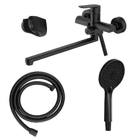 Смеситель для ванны Azario Alanti керамический картридж, длинный излив, с ручным душем, шланг 150 см, черный матовый (AZ-K1732B)