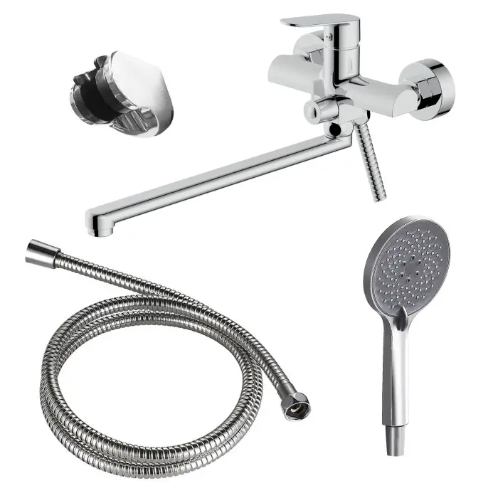 Смеситель для ванны Azario Alanti керамический картридж, длинный излив, с ручным душем, шланг 150 см, хром (AZ-K1732)